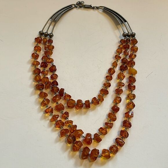 Vintage Lithuanian Baltic Amber Multistrand Silver Tone Collar Necklace - Picture 1 of 7